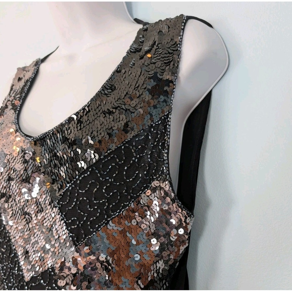 Sequined Beaded Embellished Tank Top Women's Large Sheer Back Black Silver NEW